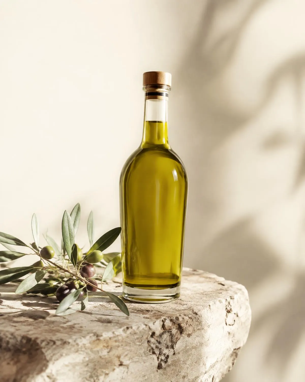 Bouteille d'huile d'olive du domaine sur une pierre calcaire